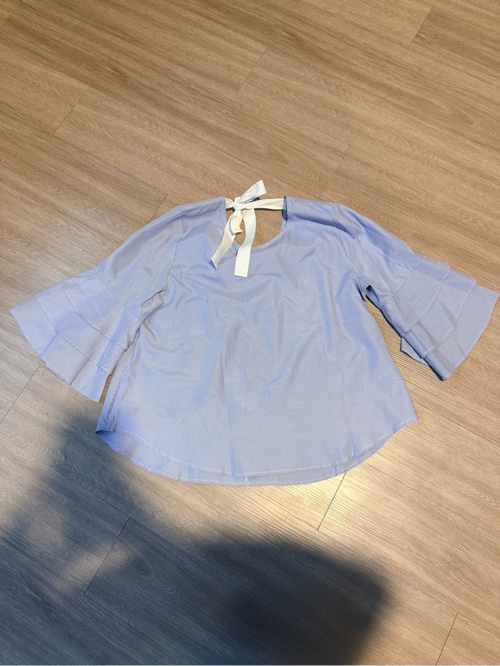 Light Blue Tie-Neck Bell Sleeve Blouse